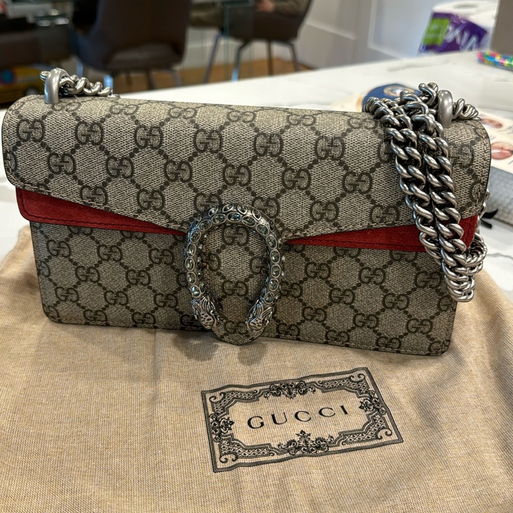 GG Supreme Monogram Suede Crystal Dionysus Shoulder Bag Beige/Vulcanic Red